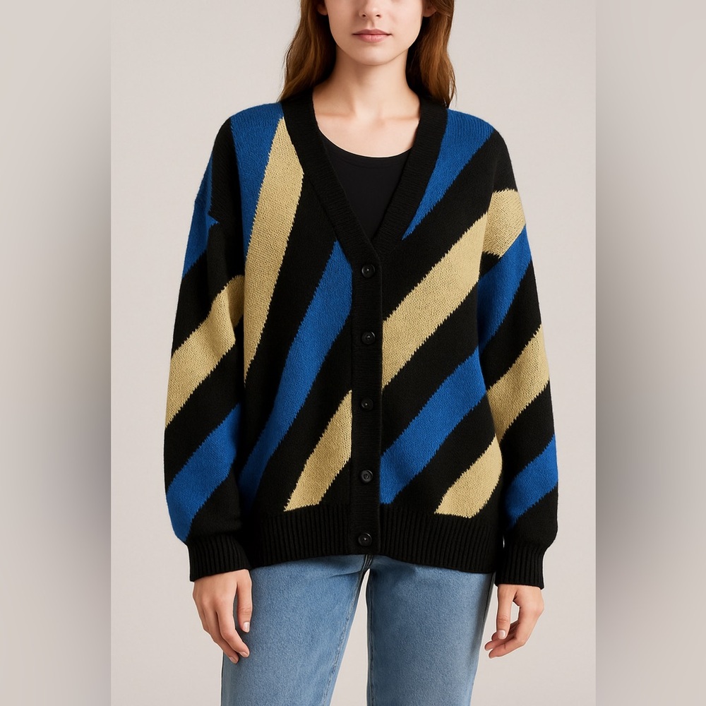 WEEDS Vintage Striped Cardigan XL Black Blue Tan Knit Button Up Sweater Unisex D